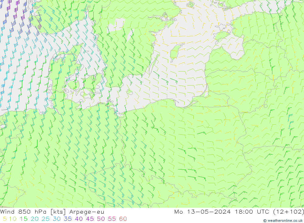 ветер 850 гПа Arpege-eu пн 13.05.2024 18 UTC
