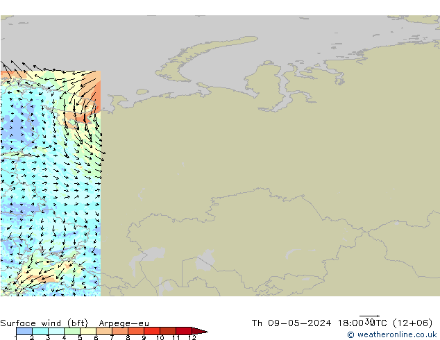 Surface wind (bft) Arpege-eu Th 09.05.2024 18 UTC