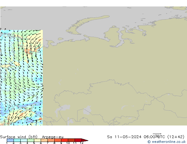Surface wind (bft) Arpege-eu Sa 11.05.2024 06 UTC