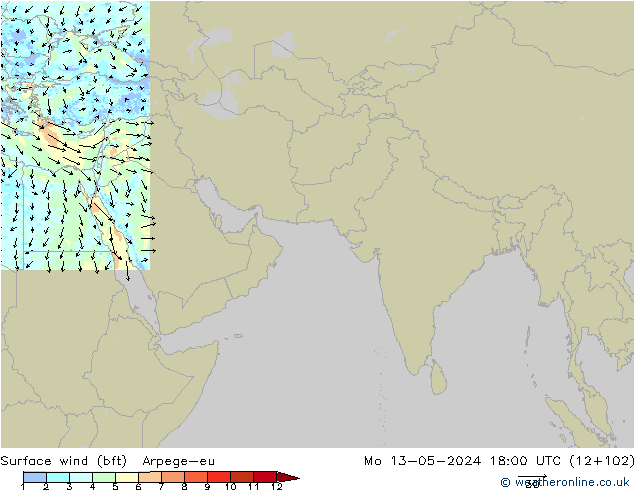 Surface wind (bft) Arpege-eu Po 13.05.2024 18 UTC