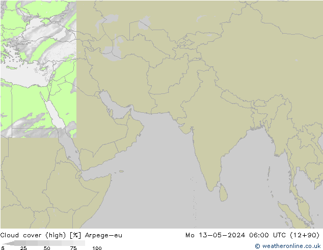 Cloud cover (high) Arpege-eu Mo 13.05.2024 06 UTC