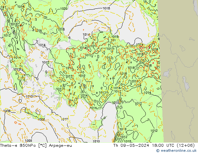 Theta-e 850hPa Arpege-eu Čt 09.05.2024 18 UTC