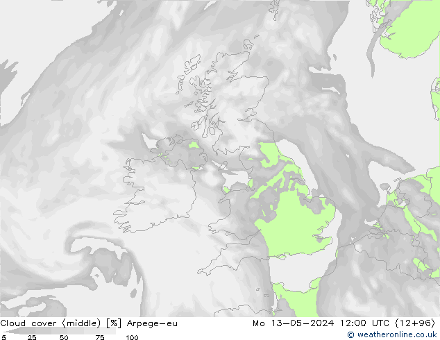 Cloud cover (middle) Arpege-eu Mo 13.05.2024 12 UTC