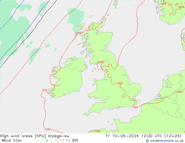 High wind areas Arpege-eu Fr 10.05.2024 12 UTC