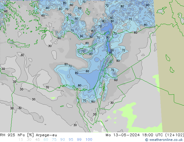 RH 925 hPa Arpege-eu lun 13.05.2024 18 UTC