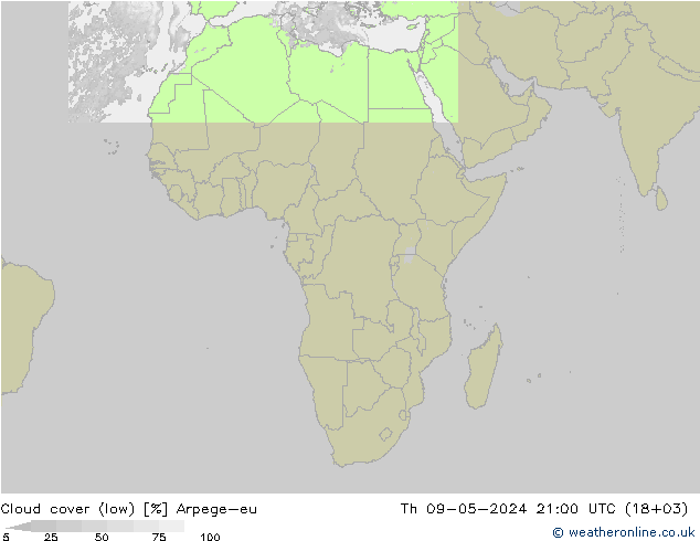 Cloud cover (low) Arpege-eu Th 09.05.2024 21 UTC
