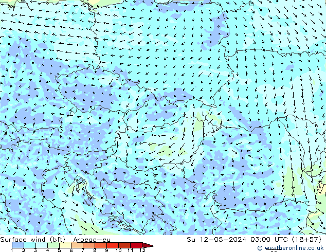 Surface wind (bft) Arpege-eu Su 12.05.2024 03 UTC