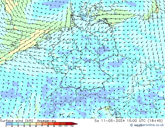 Surface wind (bft) Arpege-eu So 11.05.2024 15 UTC