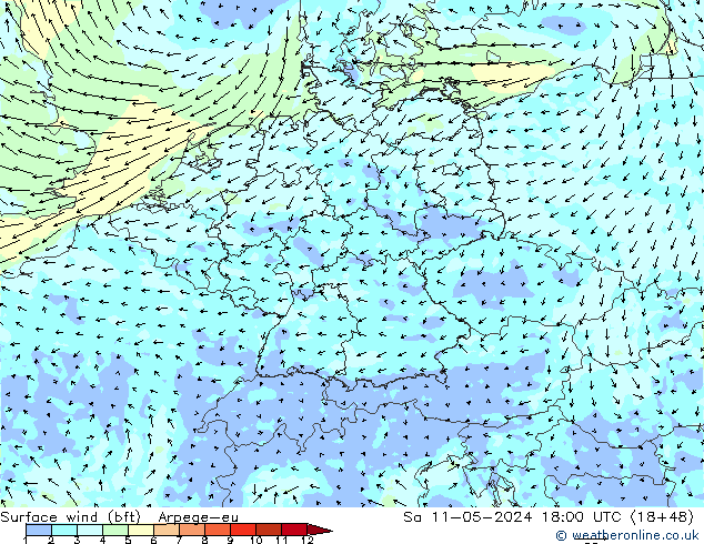 Wind 10 m (bft) Arpege-eu za 11.05.2024 18 UTC