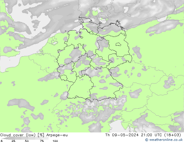 Nubes bajas Arpege-eu jue 09.05.2024 21 UTC