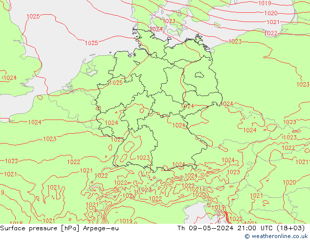 地面气压 Arpege-eu 星期四 09.05.2024 21 UTC