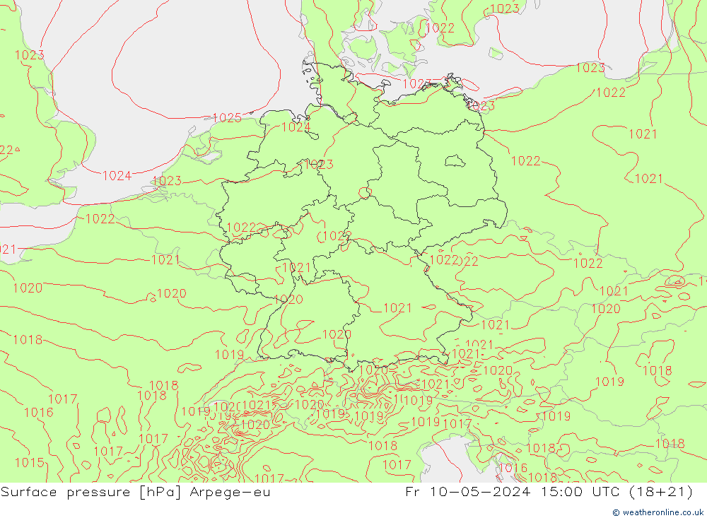 地面气压 Arpege-eu 星期五 10.05.2024 15 UTC