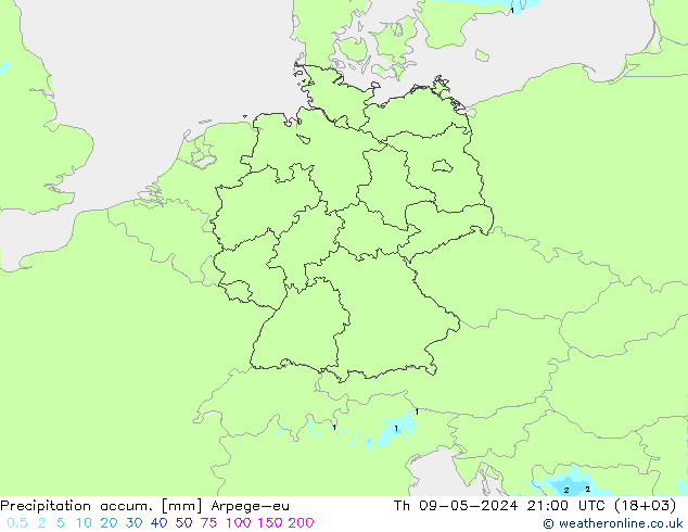 Totale neerslag Arpege-eu do 09.05.2024 21 UTC
