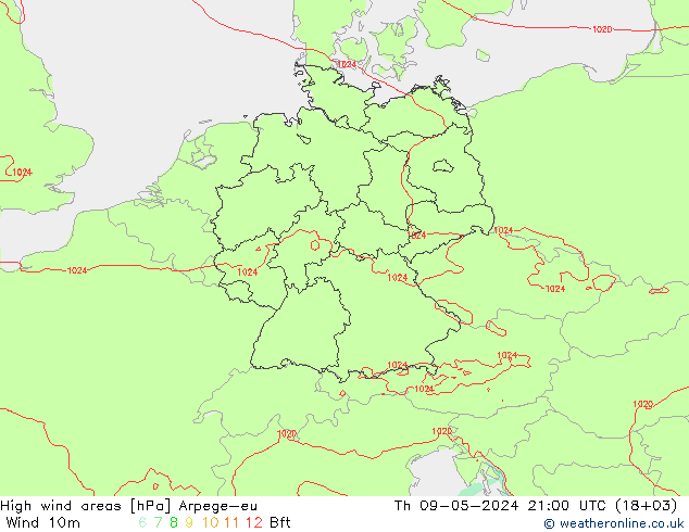 High wind areas Arpege-eu 星期四 09.05.2024 21 UTC