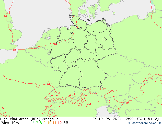 High wind areas Arpege-eu пт 10.05.2024 12 UTC