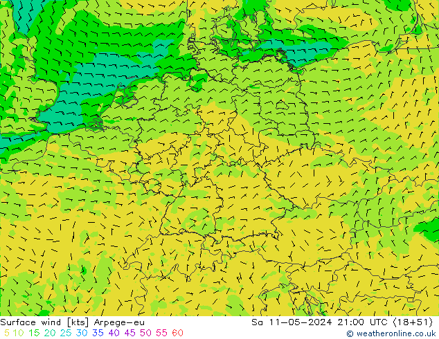 wiatr 10 m Arpege-eu so. 11.05.2024 21 UTC