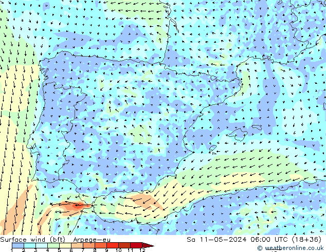 Surface wind (bft) Arpege-eu Sa 11.05.2024 06 UTC