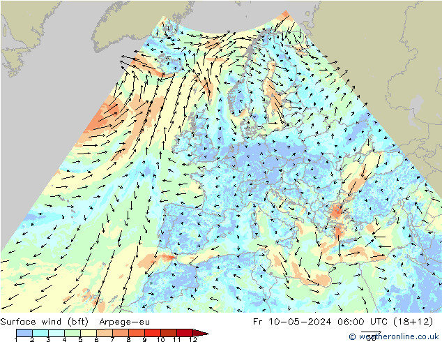 Wind 10 m (bft) Arpege-eu vr 10.05.2024 06 UTC