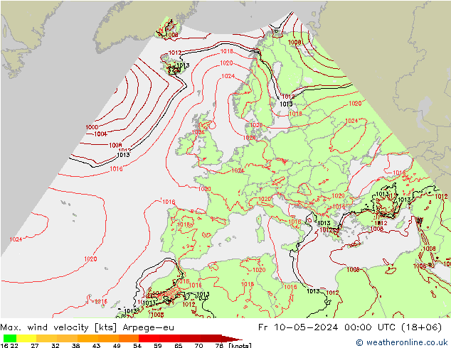 Max. wind velocity Arpege-eu 星期五 10.05.2024 00 UTC