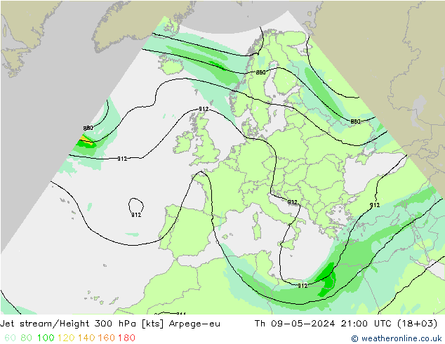Jet stream/Height 300 hPa Arpege-eu Th 09.05.2024 21 UTC