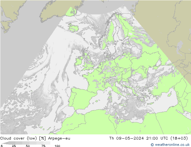 Nubes bajas Arpege-eu jue 09.05.2024 21 UTC