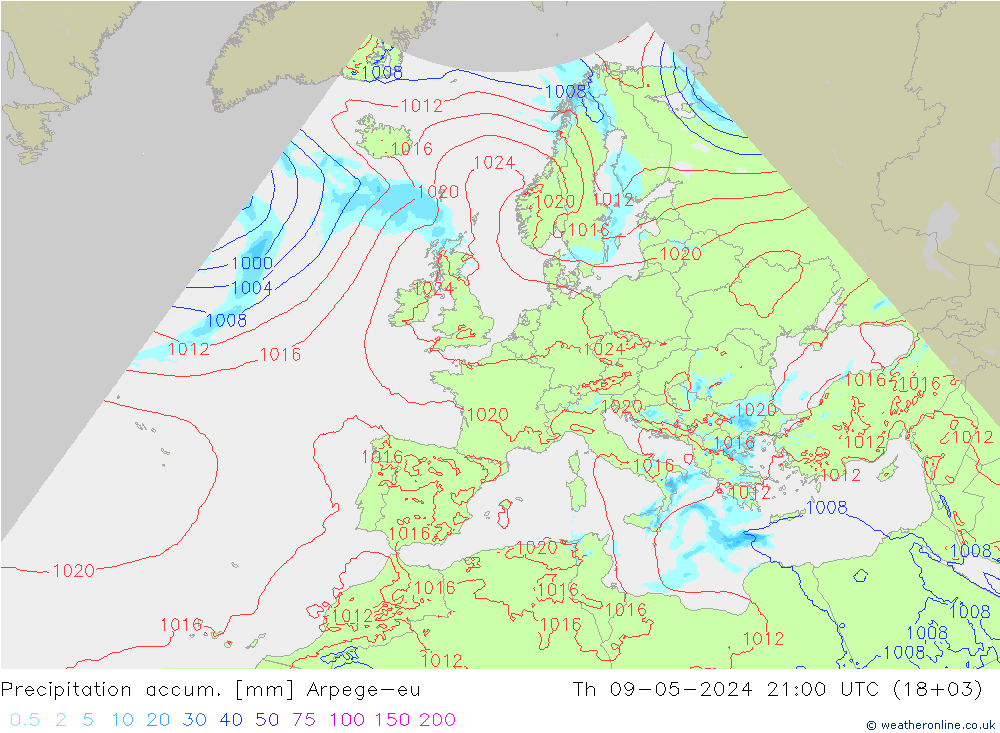 Precipitation accum. Arpege-eu czw. 09.05.2024 21 UTC