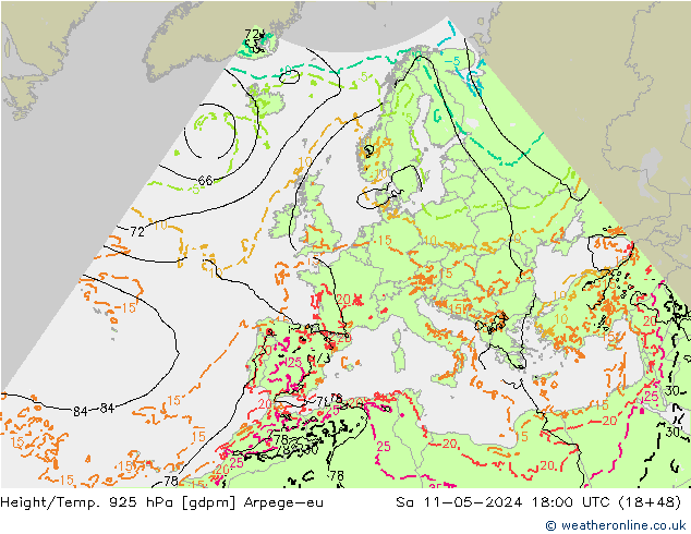 Height/Temp. 925 hPa Arpege-eu Sa 11.05.2024 18 UTC
