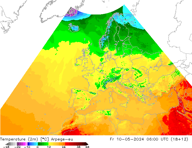 Temperature (2m) Arpege-eu Pá 10.05.2024 06 UTC