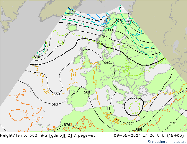 Height/Temp. 500 hPa Arpege-eu Čt 09.05.2024 21 UTC