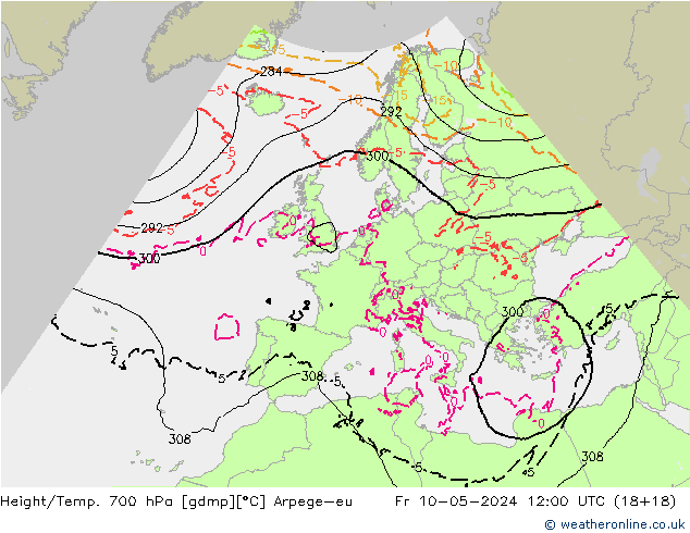 Height/Temp. 700 hPa Arpege-eu Pá 10.05.2024 12 UTC