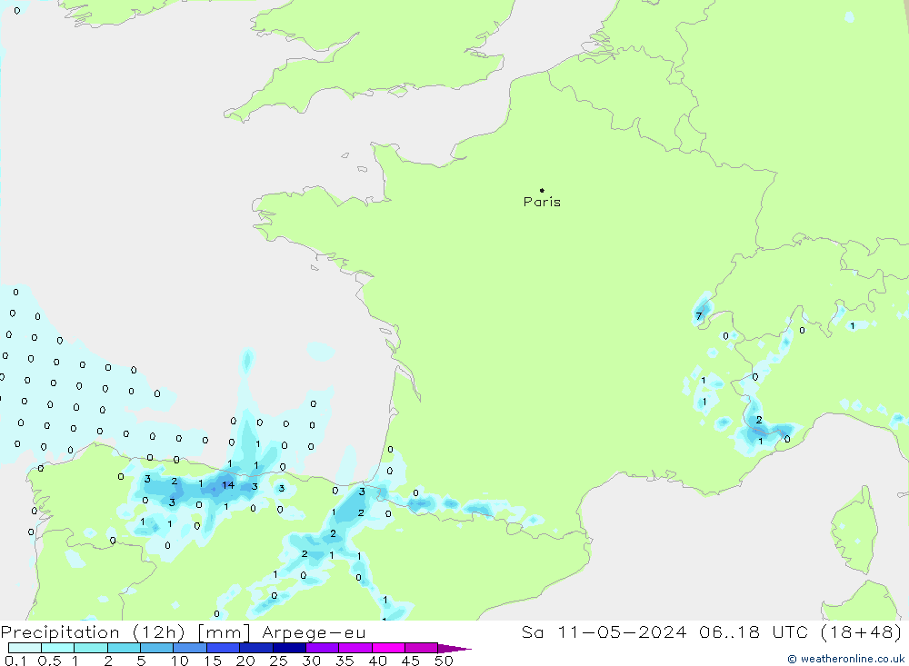 Precipitação (12h) Arpege-eu Sáb 11.05.2024 18 UTC