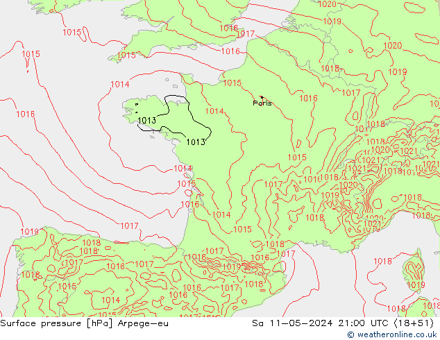 Atmosférický tlak Arpege-eu So 11.05.2024 21 UTC