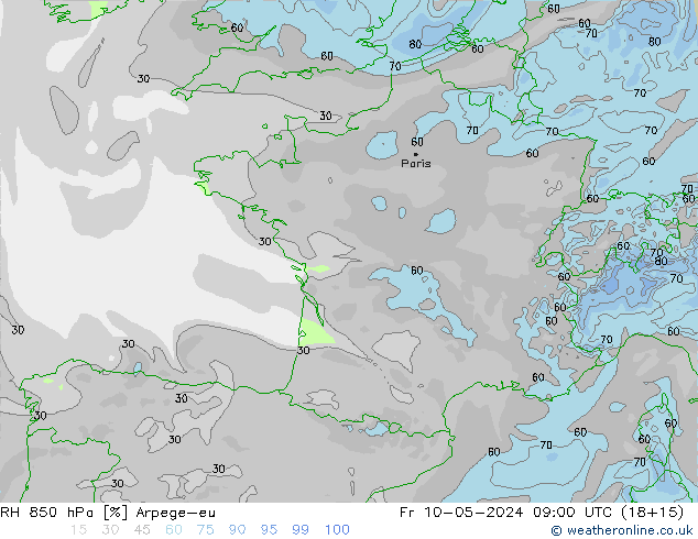 RH 850 hPa Arpege-eu ven 10.05.2024 09 UTC