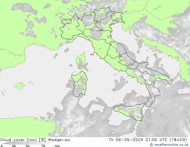 Cloud cover (low) Arpege-eu Th 09.05.2024 21 UTC