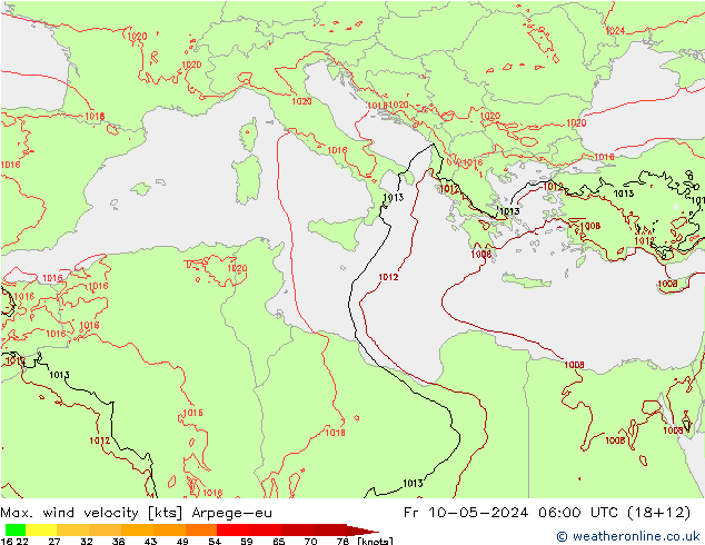 Max. wind velocity Arpege-eu Fr 10.05.2024 06 UTC