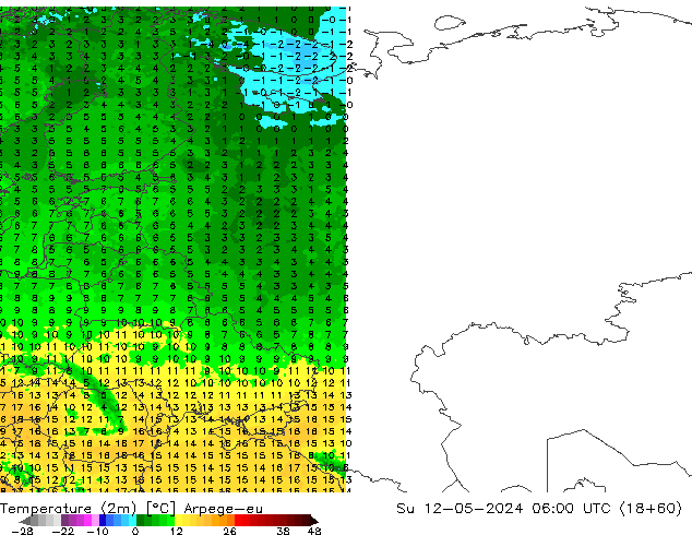 Temperatuurkaart (2m) Arpege-eu zo 12.05.2024 06 UTC