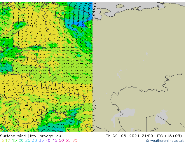 ветер 10 m Arpege-eu чт 09.05.2024 21 UTC