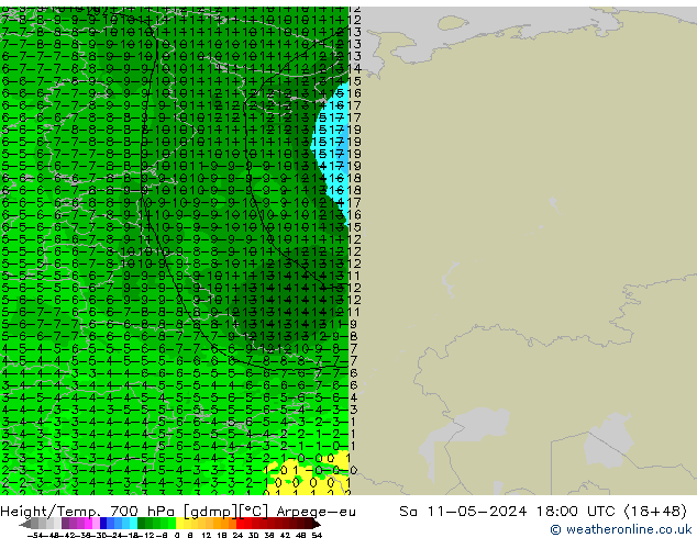 Height/Temp. 700 hPa Arpege-eu sab 11.05.2024 18 UTC