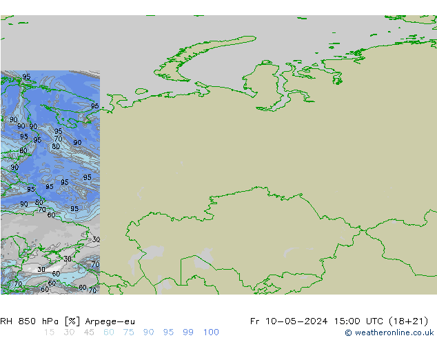 RH 850 hPa Arpege-eu Sex 10.05.2024 15 UTC