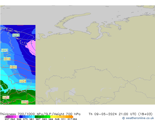 Thck 700-1000 hPa Arpege-eu Čt 09.05.2024 21 UTC