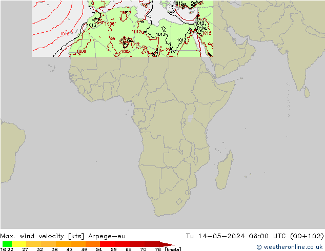 Max. wind velocity Arpege-eu Ter 14.05.2024 06 UTC