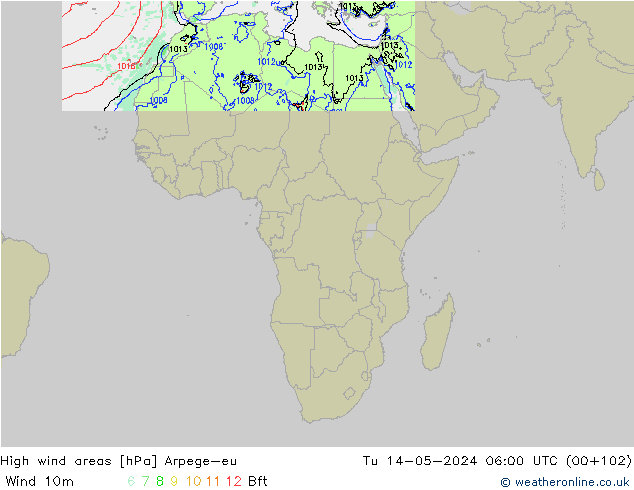 High wind areas Arpege-eu Út 14.05.2024 06 UTC
