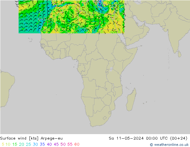 Vento 10 m Arpege-eu sab 11.05.2024 00 UTC