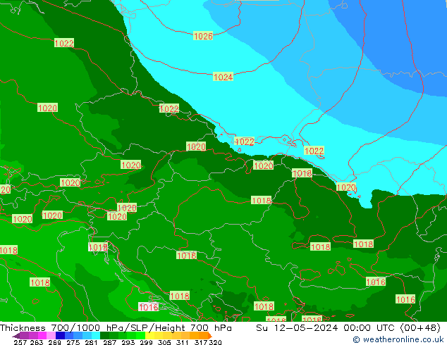 Thck 700-1000 hPa Arpege-eu dim 12.05.2024 00 UTC