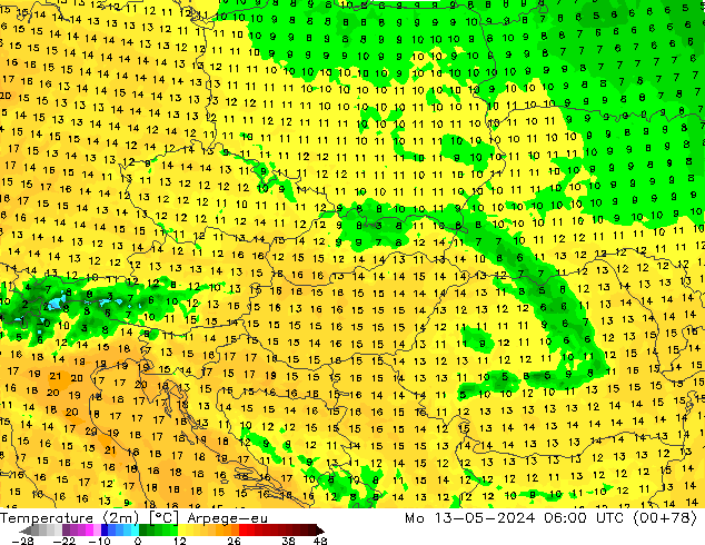 Sıcaklık Haritası (2m) Arpege-eu Pzt 13.05.2024 06 UTC