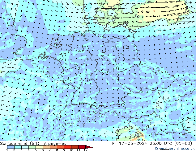 Surface wind (bft) Arpege-eu Fr 10.05.2024 03 UTC