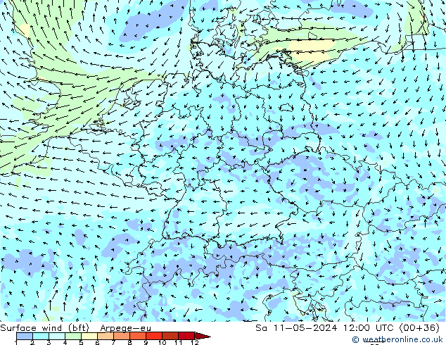 Wind 10 m (bft) Arpege-eu za 11.05.2024 12 UTC