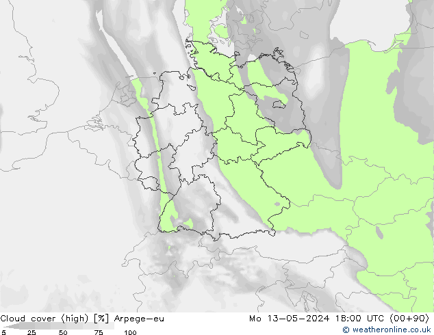 Cloud cover (high) Arpege-eu Mo 13.05.2024 18 UTC