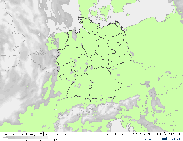 Cloud cover (low) Arpege-eu Tu 14.05.2024 00 UTC