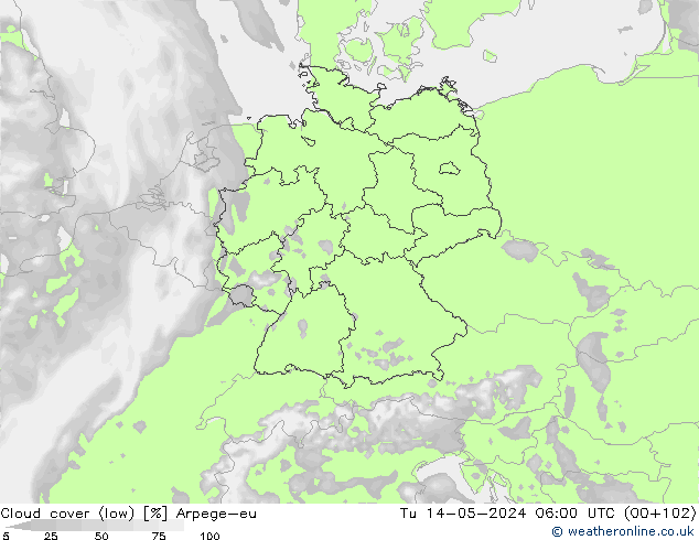 Cloud cover (low) Arpege-eu Tu 14.05.2024 06 UTC